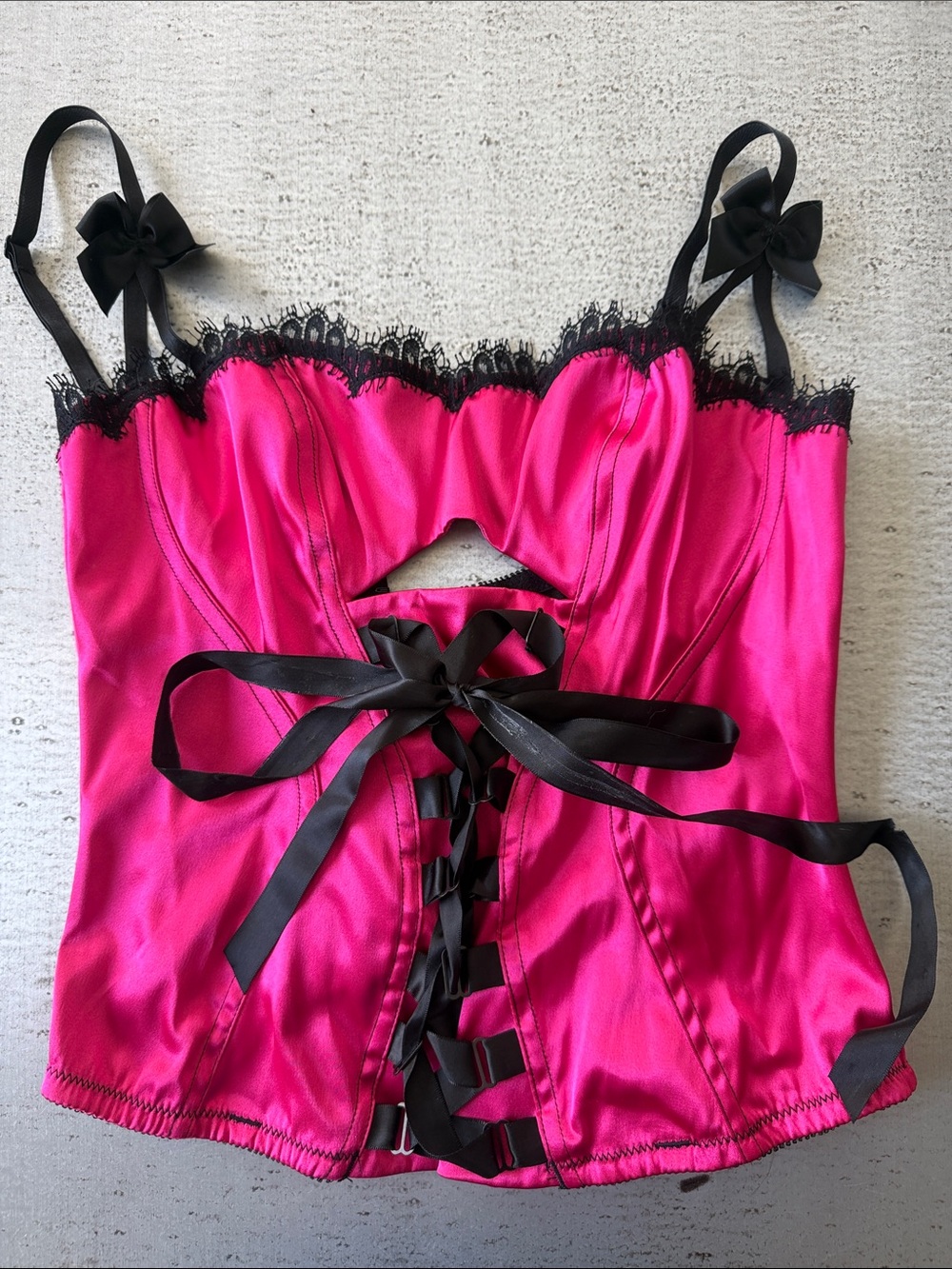 Hot Pink Lace-Trim Satin Corset Top with Black Ribbon